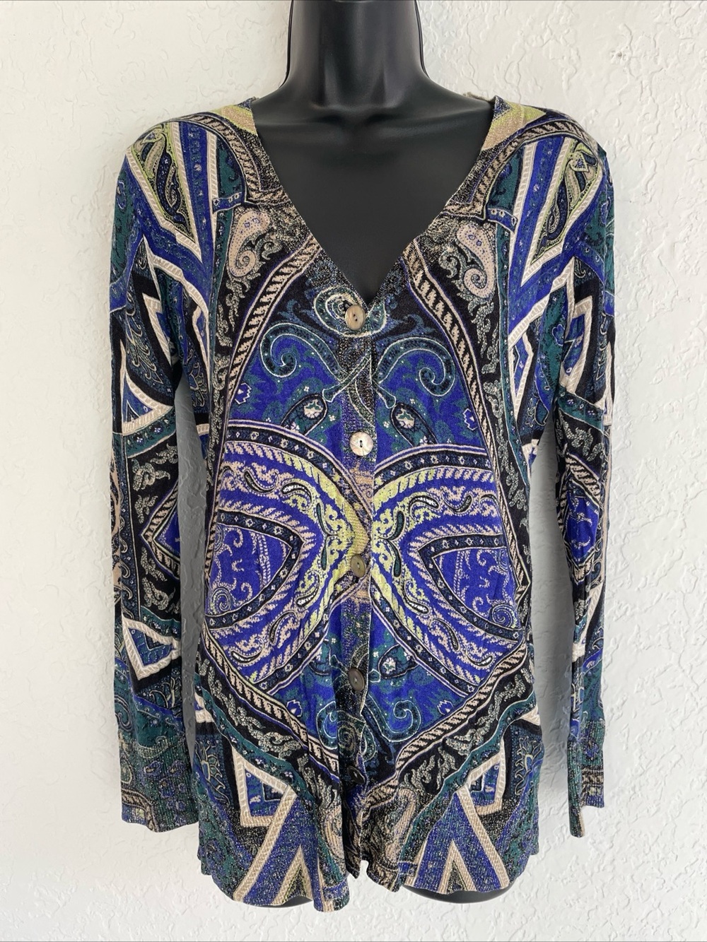 Chicos cardigan sweater paisley baroque ocean sparkle metallic gold blue 0 small